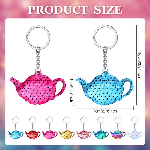 24 Pcs Girls Party Teapot Sequin Keychain Glitter Flip Sequin Keychain Tea Party Favors Reversible Teapot Key Chains for Kids Carnival Prizes Tea Time Girls Party Supplies Birthday Gifts, 8 Colors