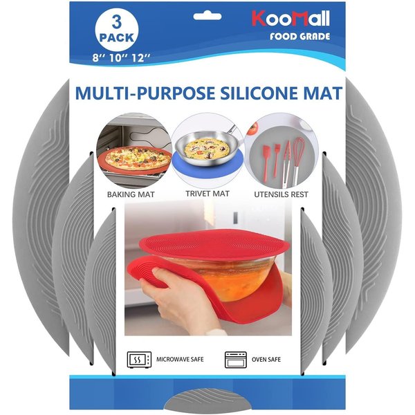KooMall 12 10 8 Inch Multi-use Microwave Mat, Trivet, Pot Holders, Drying, Baking, Place Mat, Utensils Rest, Silicone Cover Pad for Hot Pot Pans Bowls Plates Dishes Kitchen Counter,Heat Resistant,Gray