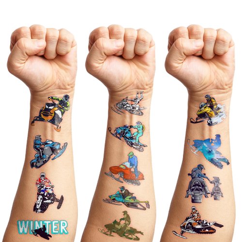 100 PCS Snowmobile Temporary Tattoos Stickers Birthday Party Decorations Favors Supplies Winter Snow Skiing Snowmobile Wheels Sports Girls Boys Classroom School Prizes Reward