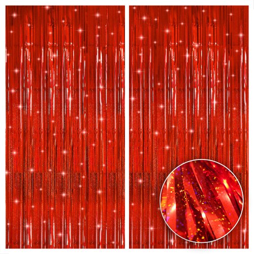 KatchOn, Iridescent Red Streamers Party Decorations - 3.2x8 Feet, Pack of 2 | Shiny Red Fringe Backdrop for Christmas Decorations | Red Christmas Backdrop | Red Backdrop for Red Party Decorations