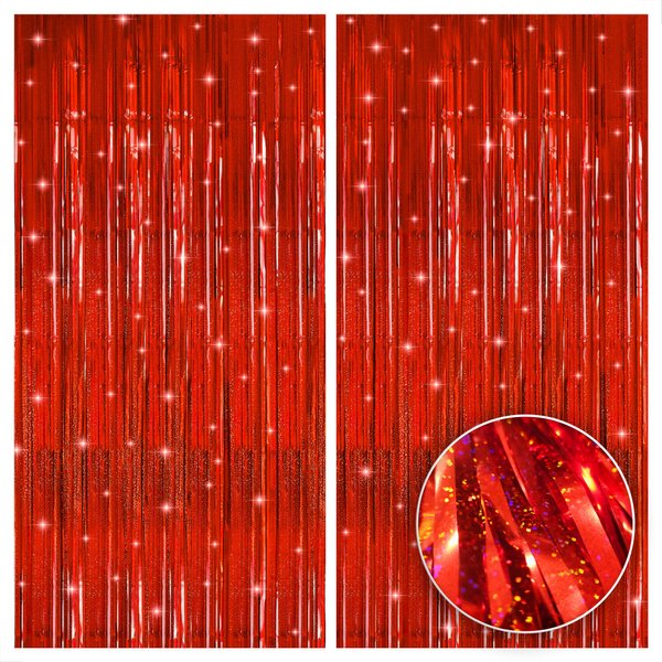 KatchOn, Iridescent Red Streamers Party Decorations - 3.2x8 Feet, Pack of 2 | Shiny Red Fringe Backdrop for Christmas Decorations | Red Christmas Backdrop | Red Backdrop for Red Party Decorations