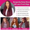 VELOMA 99J Burgundy Deep Wave Lace Front Wigs Human Hair 13x4 HD Lace Frontal Wigs Human Hair Lace Front Wigs Pre Plucked 99j Burgundy Deep Curly Wigs Human Hair Wigs For Women 180% Density 24 Inch