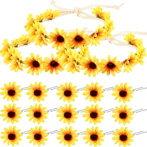 18 Pieces Sunflower Headband Wreath Sunflower Crown Hippie and Sunflower Hair Clips Sunflower Hairpins for Women Girls Wedding Pregnancy Photograph Hair Accessories (18 Pieces)