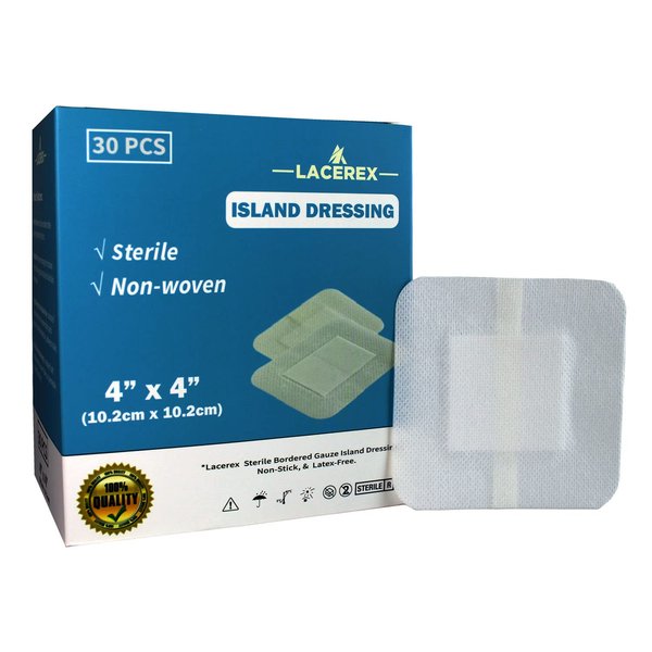 AWD Medical Adhesive Island Dressing, Advanced Wound Dressing, Lacerex Sterile Bordered, Non-Woven Gauze Bandage, Non-Stick, Latex-Free, 4"x4", 30 Pack