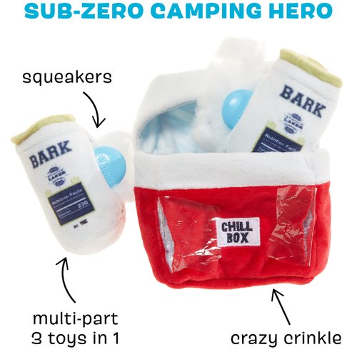 Barkbox 2 in 1 Interactive Plush Dog Toy - Rip and Reveal Toy for Dogs and Puppies - Stimulating Squeaky Pet Toys | Sub Zero Camping Hero (Small)