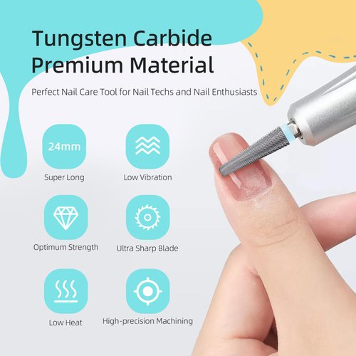 HYTOOS 24mm Super Long 5 in 1 Nail Drill Bits, Cross Tapered Carbide Bit, 3/32" Two-way Rotate for Both Hand, Remove Acrylic Nails/Gel, Electric File Tool Drills Manicure Accessories (2XF)