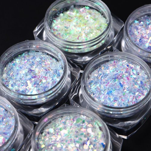 6 Colors Holographic Shiny Glass Nail Sequins Iridescent Flakes Nails Magic Metallic Chrome Nail Powder Mermaid Nail Art Aurora Glitter Crystal Summer Nail Art Decoration