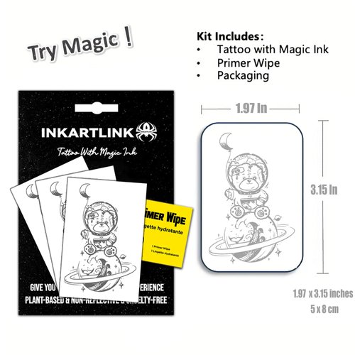INKARTLINK Semi Permanent Tattoos, 3 Sheets of Small Temporary Tattoos, Adult Art Designs, Party Favors, Waterproof, Realistic, No Adhesive, No Reflective, Lasts 1-2 Weeks (Astronaut Bear)