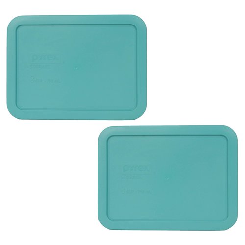 Pyrex Bundle - 2 Items: 7210-PC 3-Cup Turquoise Rectangle Plastic Food Storage Lids - Original Genuine Pyrex Lids - 2 Pack - Made in the USA