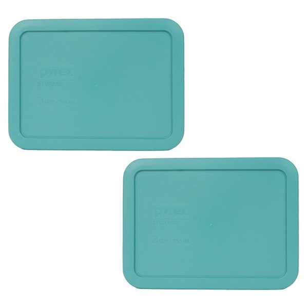 Pyrex Bundle - 2 Items: 7210-PC 3-Cup Turquoise Rectangle Plastic Food Storage Lids - Original Genuine Pyrex Lids - 2 Pack - Made in the USA