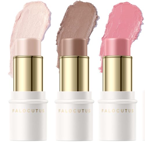 FALOCUTUS 3 Pcs FAIR Contour Stick Set,Cream Blush & Highlighter Bronzer Pen,Long Lasting & Smooth Natural Face Contouring Illuminator,Professional Makeup Kit for All Skin