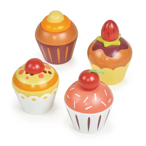Mentari Toys - Teatime Cupcake Set - 4pc Wooden Cupcake Play Food Set - Pretend Play Kitchen and Market Food Accessories - Encourages Role Play and Develops Social Skills - Gift for Toddlers - Age 3+