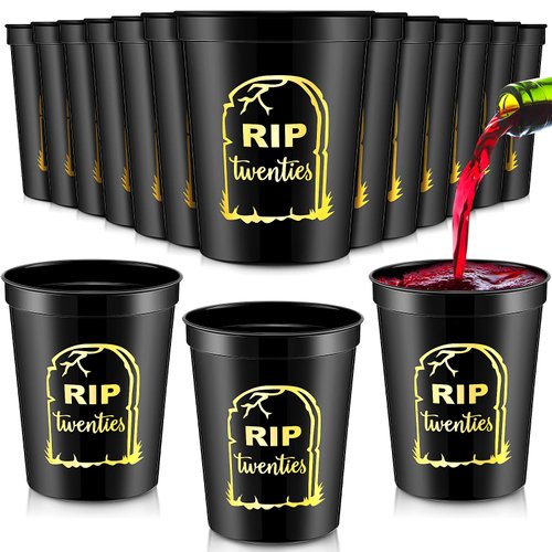 Remerry 24 Pcs Death to My 20s Thick Cup, 16 oz Gothic 30th Birthday Party Black Plastic Tumbler Cups, Stadium Cups Rip Twenties 20s Birthday Decorations for Party Supplies(Gold Print)