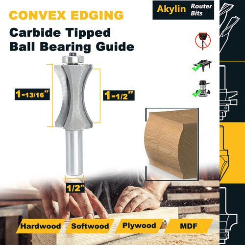 Akylin's Convex Edge Oval Router Bit 1/2" SHK x 1-13/16"CL, Shallow Bullnose at 1-1/2" Length,Convex Column Molding Router Bits-Perfect for Stair Treads and Shelf Edges