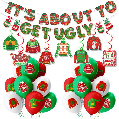 Ugly Sweater Party Decorations- It's About To Get Ugly Hanging Swirls Ugly Sweater balloons for Christmas Ugly Sweater Balloons Set for Merry Christmas Party Supplies Decorations