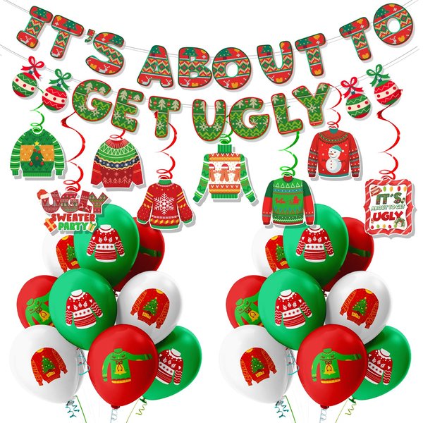 Ugly Sweater Party Decorations- It's About To Get Ugly Hanging Swirls Ugly Sweater balloons for Christmas Ugly Sweater Balloons Set for Merry Christmas Party Supplies Decorations