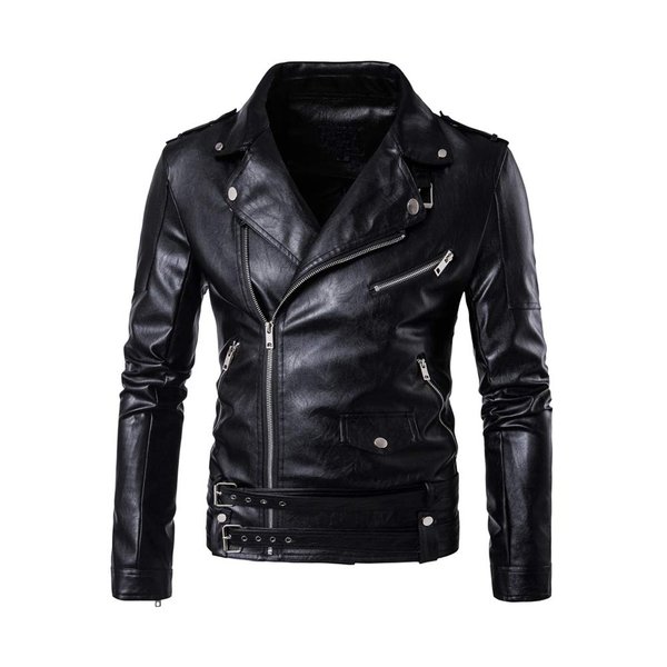 PASOK Men's PU Leather Jacket Causal Belted Faux Leather Motorcycle Jacket Zipper Biker Coat Black M