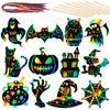 RICEDUO Halloween Scratch Paper Art Set - 48 Pcs Halloween 12 Design Magic Rainbow Scratch Off Cards for Kids, Hanging Ornaments for Halloween Party Favors Activities
