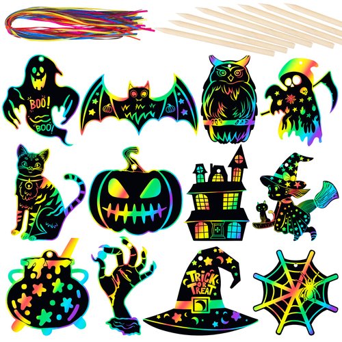 RICEDUO Halloween Scratch Paper Art Set - 48 Pcs Halloween 12 Design Magic Rainbow Scratch Off Cards for Kids, Hanging Ornaments for Halloween Party Favors Activities