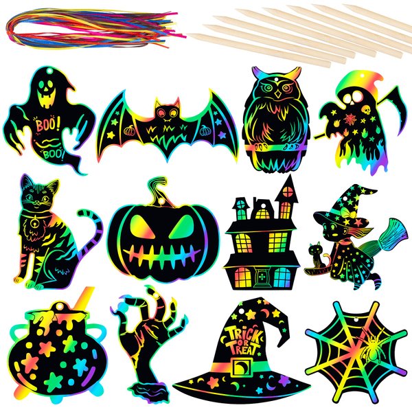 RICEDUO Halloween Scratch Paper Art Set - 48 Pcs Halloween 12 Design Magic Rainbow Scratch Off Cards for Kids, Hanging Ornaments for Halloween Party Favors Activities