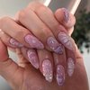 Almond Press on Nails Medium Fake Nails Nude Pink Full Cover Stick on Nails with Flowers Pearls Designs Glossy False Nails 3D Nail Charms French Tip Nails for Women Girls 24 Pcs