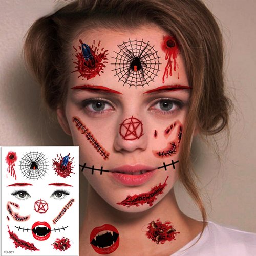 Halloween Face Temporary Tattoos 3D Bleeding Wound Mouth Tattoo Stickers Fake Scar Horror Eyes Spider Web Bullet Joker Tattoos for Adults Kids Makeup Kit for Day of the Dead Cosplay Party 9 Sheets