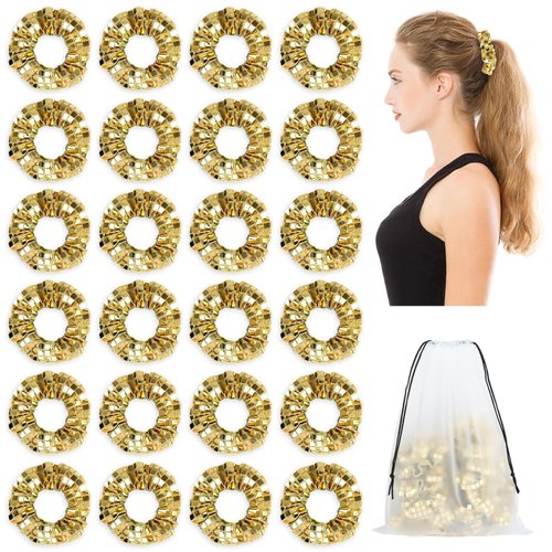 24 Pieces Disco Ball Hair Scrunchies Sequin Sparkly Hair Accessories for Women Gold Metallic Mirror Hair Bands Ties with Drawstring Bags for Disco Bachelorette Bridal Shower Party Favors