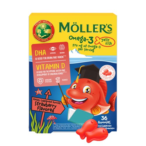 Moller’s ® | Omega 3 Capsules for Children | Natural Fish Oil Omega 3 Fish Oil for Kids | with DHA and EPA, No Gluten, Lactose or Added Sugar & Easy to Chew | Strawberry Flavor | 36 Capsules