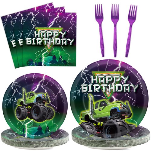 96Pcs Green Purple Monster Truck Party Plates and Napkins for Monster Truck Birthday Party Supplies Racing Car Paper Dessert Plates Baby Shower Tableware Set for Kids Boys 24 Guests Party Decorations