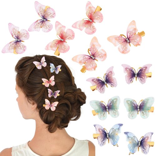 12 PCS Glitter Hair Clips with Rhinestones - Cute Brightly Colorful Butterfly Decorations and Accessories for Girls Women
