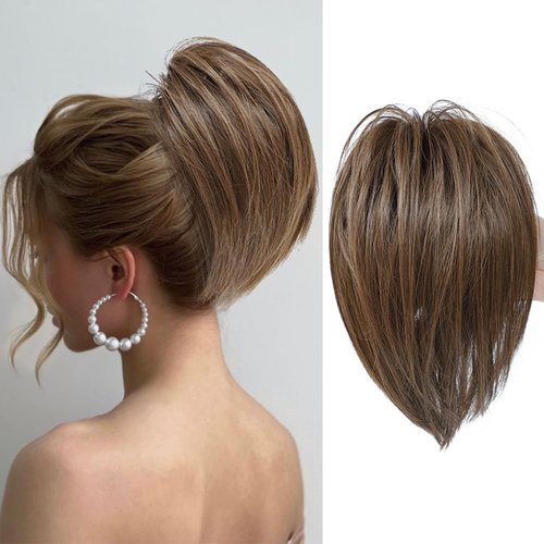 YOLANFAIRY Messy Bun Hair Piece Claw Clip in Hair Buns Hair Piece for Women Straight Short High Ponytail Extension Tousled Updo Faux Hair Bun Scrunchies for Girls (Medium Chesnut Brown)