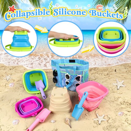 TSDATOWR Collapsible Beach Buckets for Kids, Foldable Sand Buckets and Shovels with Mesh Beach Bag, Silicone Beach Sand Pails for Beach Travel, Beach Toys Sand Toys for Kids & Toddlers (3 Buckets)