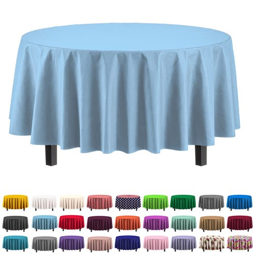 Exquisite 6-Pack Premium Plastic Tablecloth 84in. Round Plastic Table Cover - Light Blue