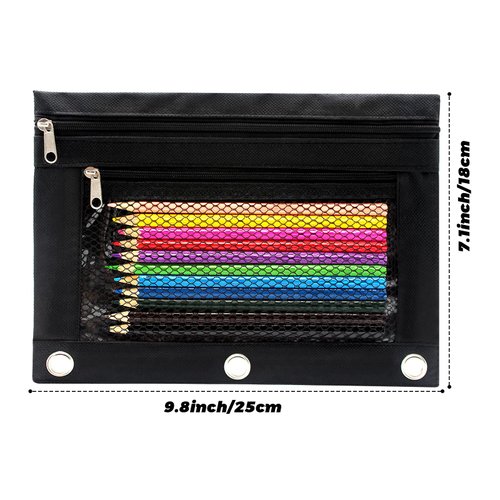 Cinvo Pencil Pouch 3 Ring Binder Pouch Zippered Pencil Case Canvas Pencil Bag with 2 Compartments (Set of 2, Black)