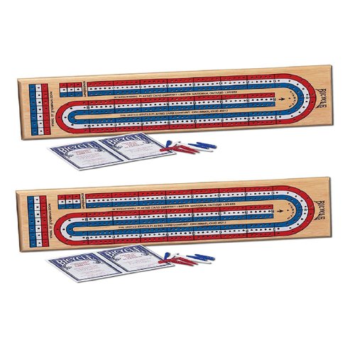 Bicycle 3-Track Cribbage Board Game, 2-Pack - Color Coded Wooden Game Set - Use with Playing Cards