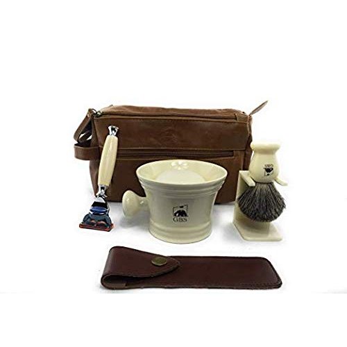 G.B.S Men's Deluxe Grooming Ivory Set- 5 Blade Razor with Case, Synthetic Bristle Brush and Stand, 4.5in Diameter Ceramic Mug, Toiletry Travel Bag ahd Natural Glycerin Shave Soap
