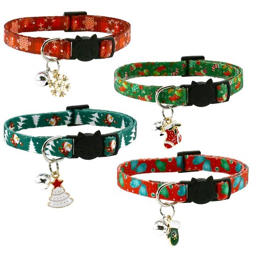 CooShou Christmas Cat Collar Set - Xmas Cat Adjustable Breakaway Collars with Bells & Charms 4Pcs Per Set