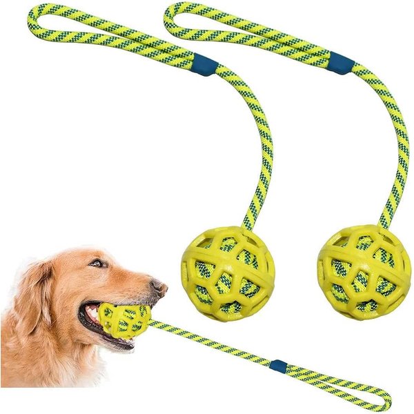 FELIXPAW Dog Rope Toys Training Ball -On Rubber, Toy with Handle, Exercise and Reward for Dogs Chew,Dog Pull Toy- Throw - Tug Fetch, Gifts Set of 2, DTB1001YEL-2X, Yellow