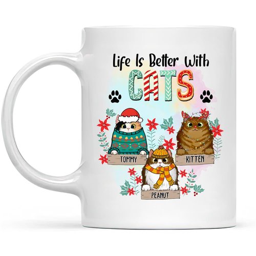 Personalized Coffee Mug For Kitten Pet Cat Dad From Family Friends Gifts For Cat Owners Life Is With Cats Cute Flowers Custom Name White Ceramic 11 15oz Tea Cup For Birthday Christmas
