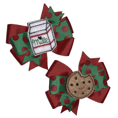 Christmas Milk & Cookies Pinwheel Pigtail Hair Bow Set 3"