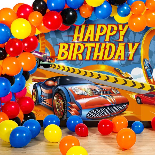 137 Pcs Race Car Birthday Party Decorations Car Theme Party Supplies Include Happy Birthday Racing Car Backdrop Checkered Aluminum Foil Balloons Racing Car Balloon Arch Garland Kit for Kids Boys