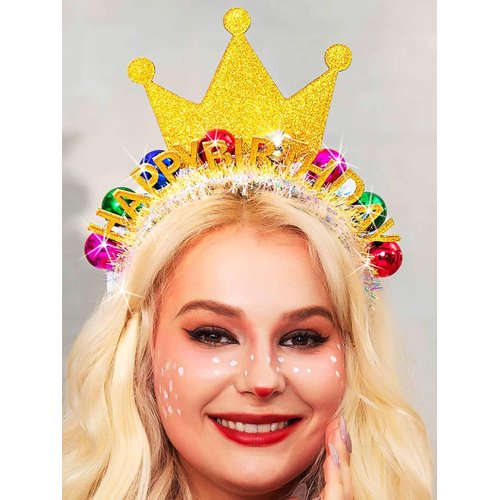 GENBREE Light Up Happy Birthday Headband Birthday Crown Ball Hair Band Party Festival Hair Accessories for Women (Gold)