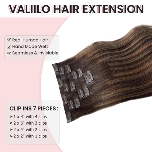 Human Hair Clip in Extensions Ombre Brown Highlights 16 Inch 7 Pcs Seamless Clip in Hair Extensions Real Human Hair Double PU Weft Natural Silky Clip on Straight Hair 100G