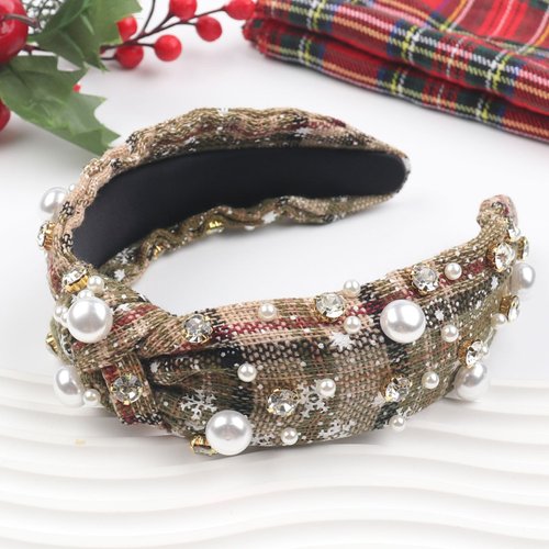 HIFANMM Christmas Headband Rhinestones Peals Hair Band for Women Girls, Xmas Striped Grid Hair Accessories Brown Knotted Wide Headbands Christmas Party Supplies Winter Holiday Costume Gift