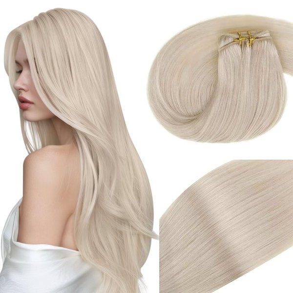 Weft Hair Extensions Human Hair Blonde Sew in Hair Extensions Real Human Hair Straight Sew in Weft Human Hair Extensions Platinum Blonde for Women 22 Inch 100g #60