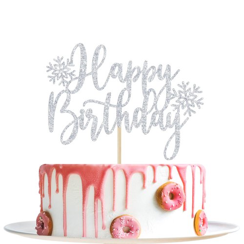 Winter Happy Birthday Cake Topper, Frozen Birthday Cake Decor, Snowflake Baby Shower Wedding Decor, Winter Wonderland Birthday Party Decorations, Silver Glitter