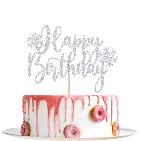 Winter Happy Birthday Cake Topper, Frozen Birthday Cake Decor, Snowflake Baby Shower Wedding Decor, Winter Wonderland Birthday Party Decorations, Silver Glitter