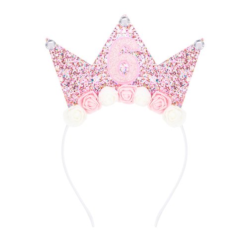 Casoty Pink 6th Birthday Crown, 6th Birthday Decorations, 6th Birthday Tiara, Princess Birthday Party Decorations, Flower Hair Band for Birthday Party