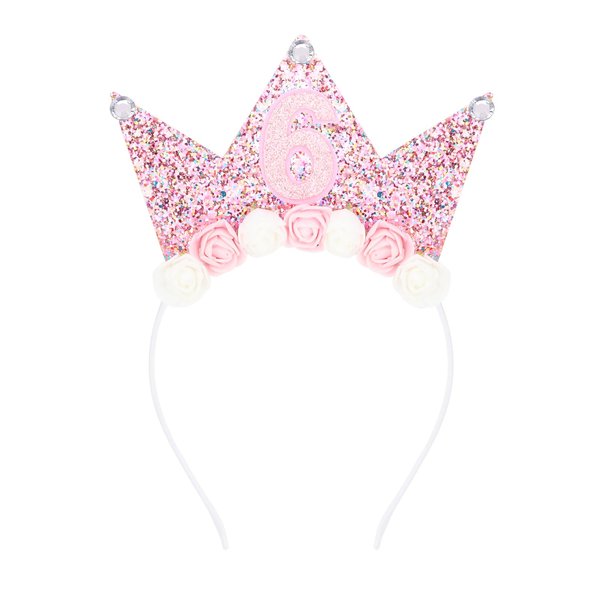 Casoty Pink 6th Birthday Crown, 6th Birthday Decorations, 6th Birthday Tiara, Princess Birthday Party Decorations, Flower Hair Band for Birthday Party