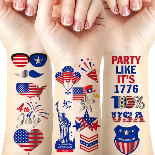 FULANSI 4th of July Temporary Tattoos Patriotic Fake Tattoos USA Flag Star Tattoo Kit Face Tattoo Stickers Independence Day Parade Party Makeup Body Face Eye Decor Supplies